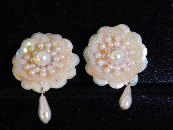 Vintage Pink Faux Pearl Floral Clip Earrings - Image 2