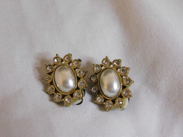 Vintage Rhinestone Faux Pearl Clip Earrings - Image 3